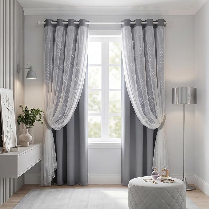 MYSKY HOME 65% Blackout Short Curtains for Girls Bedroom & Nursery Kids Grey Cute Curtains 63 inch Long Double Layer with Polka Dots Sheer, Grommet Tops, 52" Wide Each Panel, 2 Panels