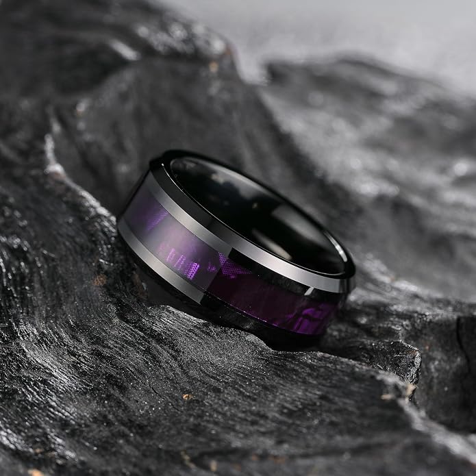 King Will Black Tungsten Wedding Band For Men, 8mm Promise Ring Inlay Red Twill Pattern/Colorful Wood Chips, High Polished Beveled Edge - Suitable For Daily Wear, Comfort Fit Size 7-14