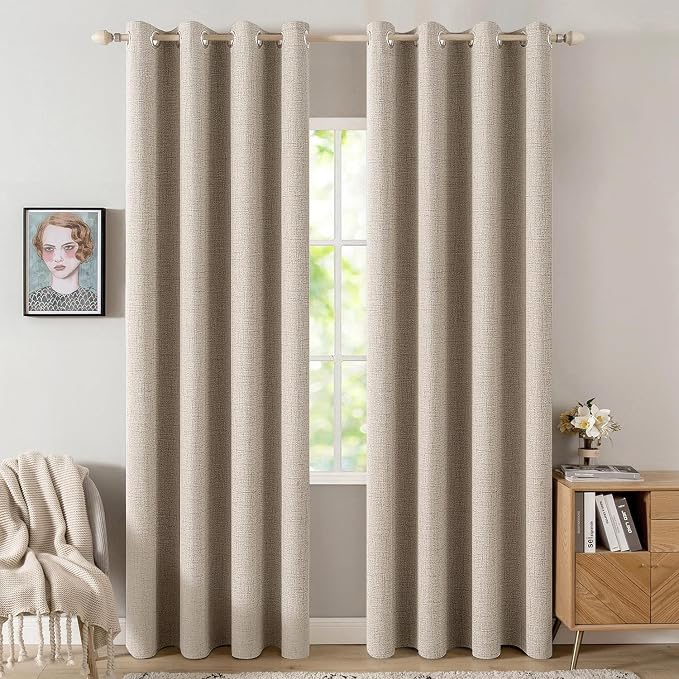 MIULEE 100% Blackout Linen Textured Curtains for Bedroom Solid Thermal Insulated Taupe Grommet Room Darkening Curtains & Drapes Luxury Decor for Living Room 52 x 84 Inch (2 Panels)