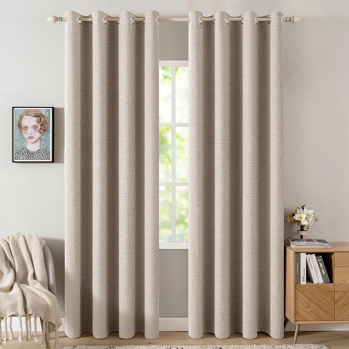 MIULEE 100% Blackout Linen Textured Curtains for Bedroom Solid Thermal Insulated Taupe Grommet Room Darkening Curtains & Drapes Luxury Decor for Living Room 52 x 96 Inch (2 Panels)