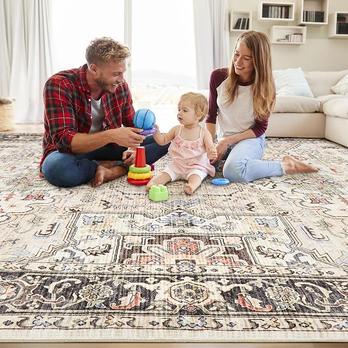 Area Rug for Living Room - 7x9 Soft Washable Oriental Vintage Floral Distressed Large Carpet - Fade Stain Resistant Non Slip Rugs for Bedroom Dining Room Nursery Dorm Office Home Decor - Multi