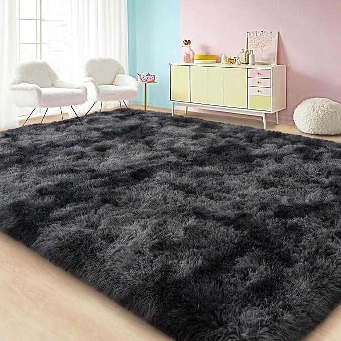 Large Area Rugs for Living Room Bedroom 9x12 Black Grey Shag Rugs | Ultra Soft Fluffy Shaggy Plush Fuzzy Modern Indoor Throw Floor Carpet for Kids Girls Boys Dorm Nursery Home Decor Aesthetic