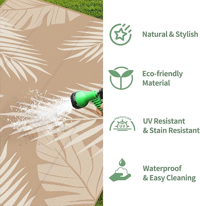 GENIMO Outdoor Rug, Waterproof Plastic Rugs 10'x14' for Camping Brown Beige | Outside Larger Leaf Carpet Mat for Porch Decor, Deck, Camping, RV, Backyard, Balcony, Picnic, Beach, Reversible, Foldable