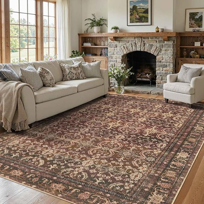 Rugxara Red Area Rugs 5x7 Washable Oriental Rug for Living Room Bedroom | Non Slip, Rug for Dining Room Office Farmhouse Dorm, Stain Resistant, Soft, Vintage Boho Retro Carpet, Low Pile, Home Decor