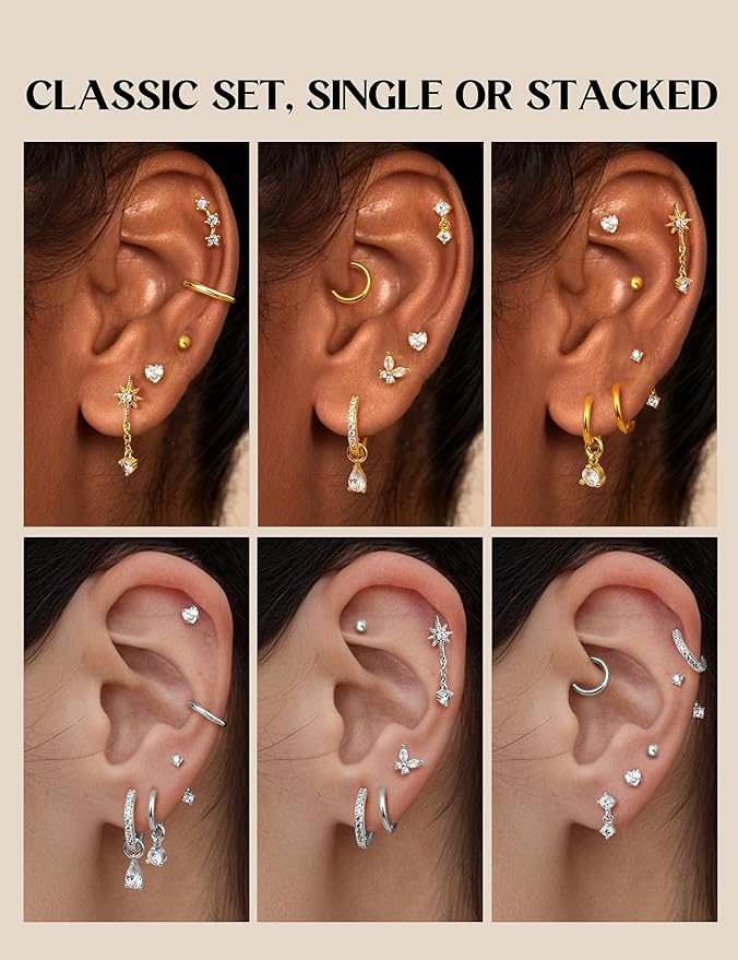 BESTEEL Hypoallergenic Flat Back Earrings for Women - 14K Gold Plated Surgical Stainless Steel Earring Stacks Set Small Stud & Hoop for Cartilage Helix Tragus Piercing Jewelry 20G