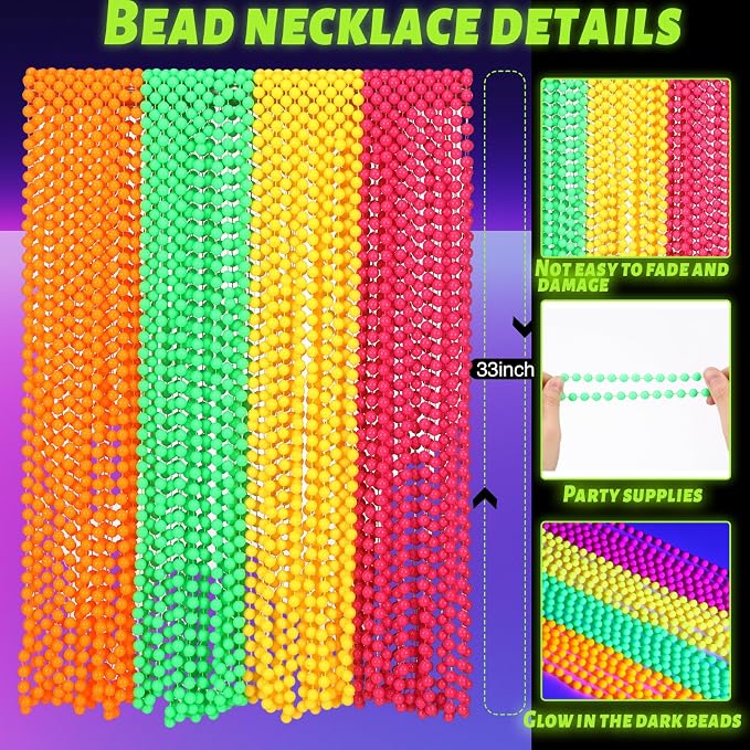 Ecally 24 Pieces Neon Beads Necklaces 33" Glow in The Dark UV Neon Bead Necklaces Glow Party Supplies 80s UV Black Light Accessories Bulk for Birthday Decorations Wedding Mardi Gras Party