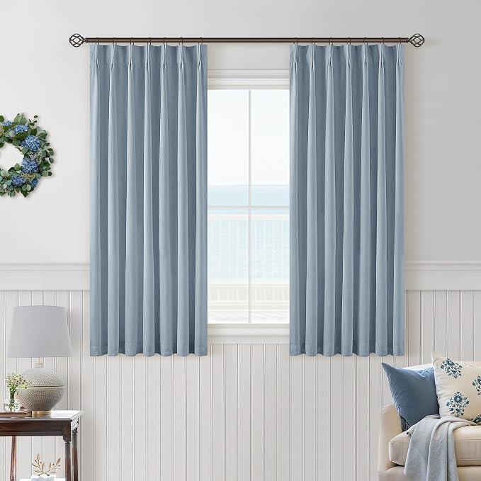Dusty Blue Pinch Pleat 100% Blackout Linen Curtains 2 Layers 45 Inch Long | Memory Trained, Thermal Insulated, UV Blocking, Noise Reducing, Room Darkening, Black Out Short Curtains for Kitchen 2 Panels