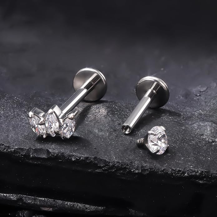 Ruifan Titanium Flat Back Lip Rings Internally Threaded Earrings Studs Nose Rings 16G Opal CZ Tragus Cartilage Lobe Rook Helix Conch Labret Medusa Piercing Jewelry for Women Men W Piercing Taper Set