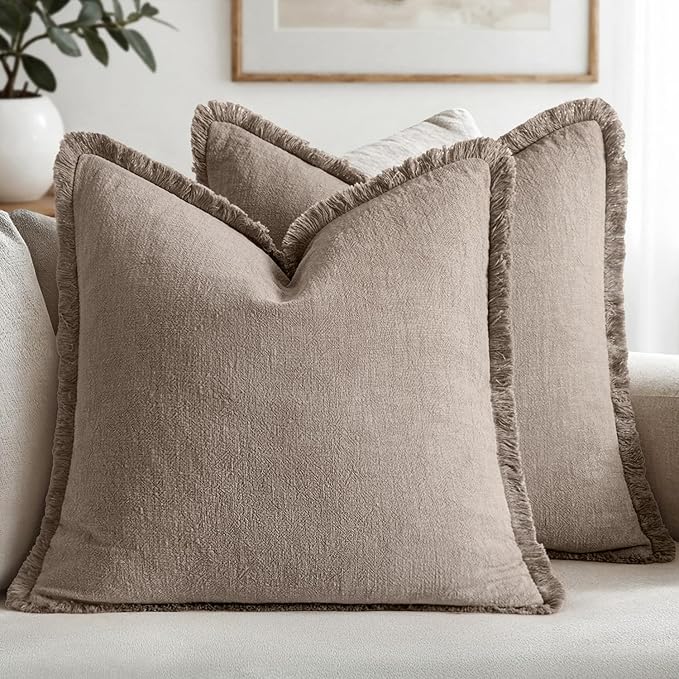 MIULEE Decorative Throw Pillow Covers Neutral Linen Fringe Throw Pillows Set of 2 Dune Boho Farmhouse Cushion Covers with Tassels for Couch Sofa Bed Living Room Fall Decor 20x20 Inch