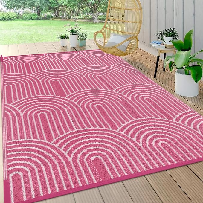 Lahome Deck Rugs Outdoor Waterproof 6x9 Patio Outside Rug, Plastic Straw Rug Reversible Rv Mat,Large Porch Floor Area Rug,Portable Camping Carpet for Balcony Tent (Rainbow Pink, 6'x9')