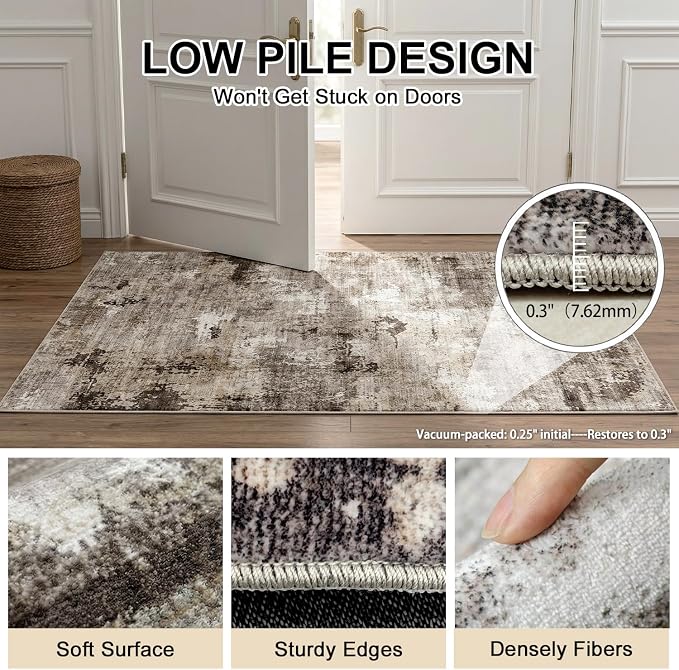 Washable Abstract Area Rug, Robot Vacuum Compatible, 0.3" Low Pile, Non-Slip Cotton-Backed with Silicone Backing, for Home Office Under Desk Dining Room, 5'x7', Neutral Taupe