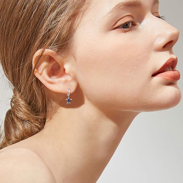 Sea Turtle Earrings,Sterling Silver Hawaiian Beach Themed Stud Earrings Tortoise Animals Drop Dangle Blue Opal Ocean Tarnish Resistant Jewelry Gifts for Women Girlfriend Mom Mother Sister