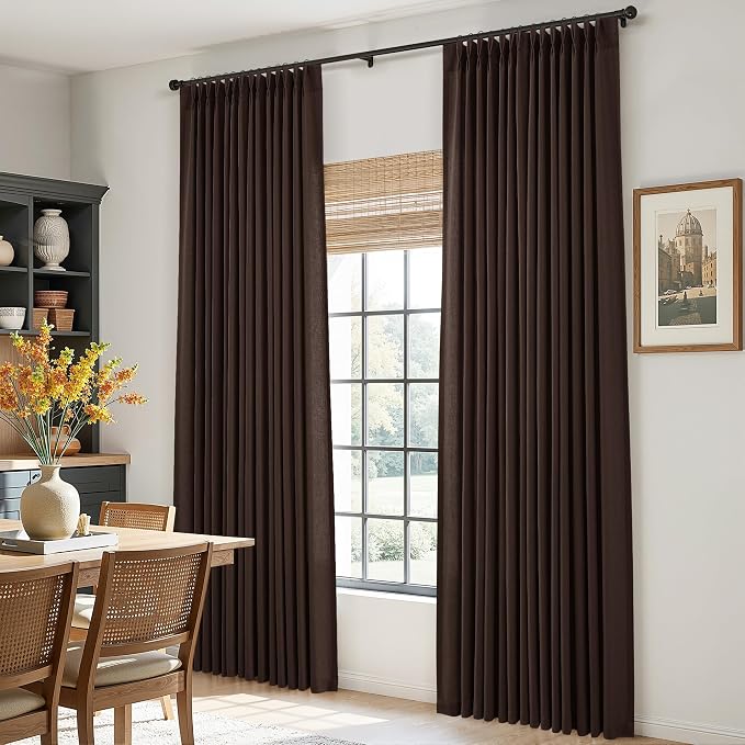 Aersas Coffee Brown Linen Pinch Pleated Curtains 96 Inch Length 2 Panels Set for Living Room Boho Country Light Filtering Pleat Curtain Back Tab Dining Room Bedroom Window Drapes 40x96 Reddish Brown