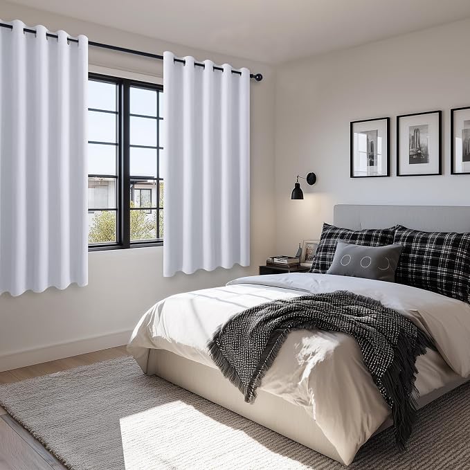 Hiasan Blackout Curtains for Bedroom, 60 x 63 Inches Length - Thermal Insulated & Energy Saving Window Curtains for Living Room, 2 Drape Panels Sewn with Tiebacks, Greyish White