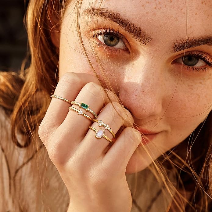 Fansilver 10PCS Stackable Gold Rings for Women Non Tarnish, 14K Gold Plated Dainty Cubic Zirconia Ring Set, Opal Emerald Heart Stacking Band Thumb Knuckle Rings Size 5-11