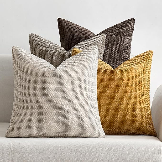 MIULEE Pack of 4 Couch Throw Pillow Covers 18x18 Inch Neutral Gold/Brown Soft Decorative Chenille Pillow Covers Farmhouse Accent Cushion Covers for Boho Fall Home Decor Sofa Bedroom Living Room