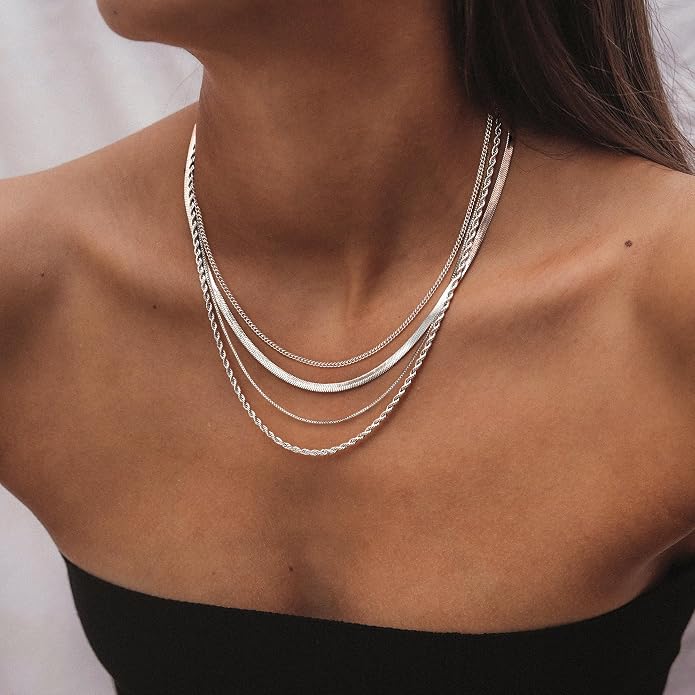 Tewiky Layered Necklaces for Women Non Tarnish- Chunky 14k Gold Plated Herringbone/Snake/Rope/Box/Cuban Link Chain for Women Waterproof Layering Stack Choker Necklace Trendy Dainty Tarnish Free Jewelry Set