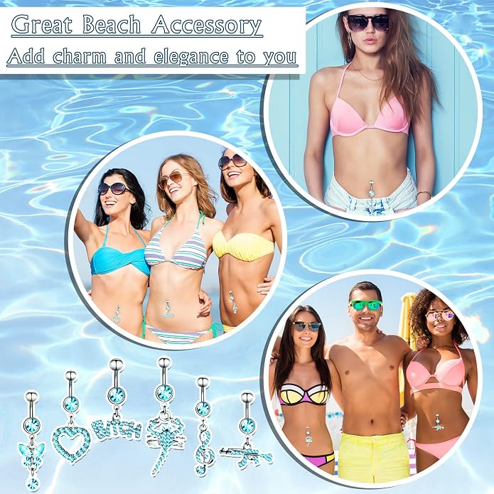 Junkin 20 Pcs 14G Dangle Belly Button Ring, Dangling 316L Surgical Navel Rings Cubic Zirconia Belly Piercing Jewelry