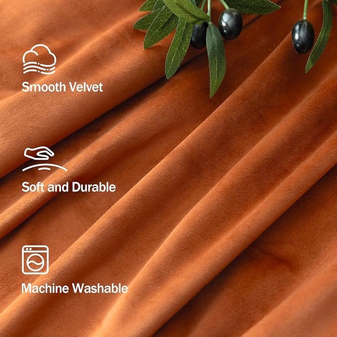 Burnt Orange Velvet Curtains 72 Inch Length 2 Panels for Dining Room Living Back Tab Pleated Thermal Insulated Curtains for Summer Heat Block Winter Rust Terracotta Drape for Girls Bedroom Kids Funky