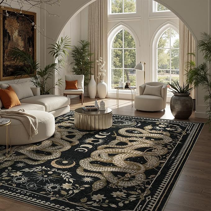 DCX Washable 6x8 Snake Rug, Black Gothic Rug for Living Room, Soft Low Pile Carpet, Kid & Pet Friendly with Rubber Back Non Slip, Stain Resistant Rug for Bedroom Dining Room Office