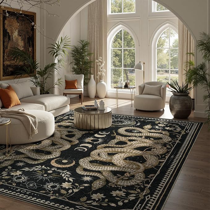 DCX Washable 10x14 Snake Rug, Black Gothic Rug for Living Room, Soft Low Pile Carpet, Kid & Pet Friendly with Rubber Back Non Slip, Stain Resistant Rug for Bedroom Dining Room Office