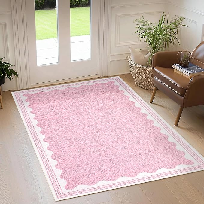 3x5 Scalloped Area Rugs Pink Washable Entryway Bedroom Rug | Solid Tan Rug for Bedroom Girls, Non Slip Throw Carpet With Rubber Back, Soft Dorm Nursery Scalloped Rugs for Dining Room