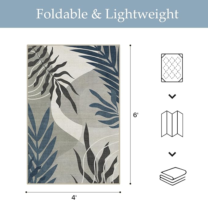 GENIMO 4x6 Outdoor Rug, Washable for Porch and Patio, Navy Grey | Botanical leaf design for balcony; fade resistant chenille with quick-dry non-slip backing for deck and indoor space.