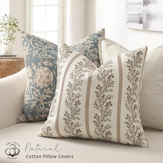 Vintage Throw Pillow Covers 18x18 Set of 2 Striped Floral Pillow Cover | Botanical Patterned Decorative Cushion Covers Modern Farmhouse Home Decor for Sofa Couch Bed Living Room Latte