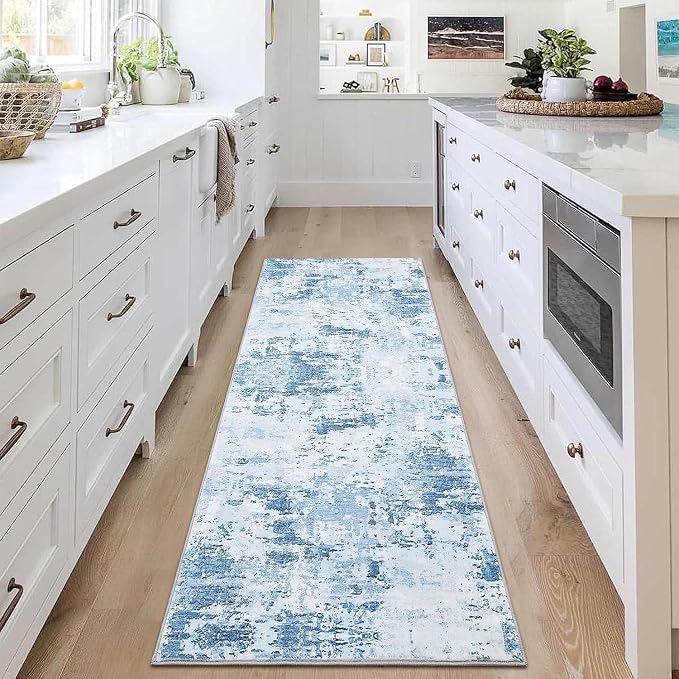 ROYHOME Modern Abstract 2x10 Runner Rug Non Slip Non Shedding Low Pile Stain Resistant Rug for Hallway Kitchen Bedroom, Light Blue