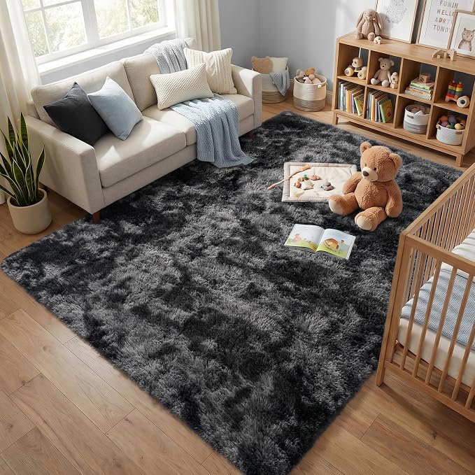 Fluffy Rugs for Living Room: Tie-dye Dark Grey Soft Shag Rug for Bedroom, Large Fuzzy Plush Indoor Floor Carpet Non Slip Modern Rug for Nursery Boys Girls Kids Room Dorms Home Decor, 9x11 Feet