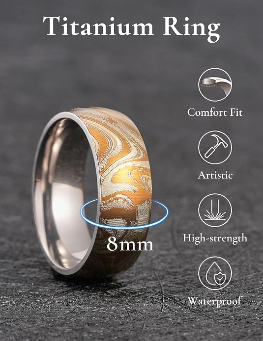 King Will Titanium Wedding Ring for Men Women, 8mm Width Gold/Silver Wedding Band with Unique Random Laser Textured and Multi-Color Laser Engraved Titanium Ring Comfort Fit and Durable Size 8-12