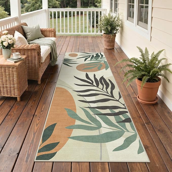 GENIMO 2.5x8 Outdoor Runner Rug, Washable for Patio, Beige Olive | Botanical leaf design for balcony; fade resistant chenille and quick-dry non-slip backing for indoor hallway kitchen.