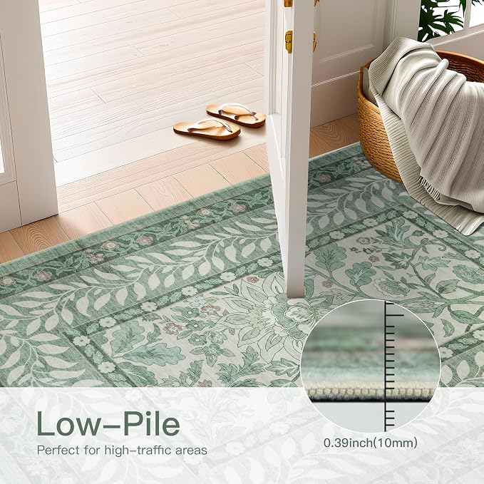8x10 Vintage Washable Sage Green Area Rug | Living Room,Low Pile Non Slip Carpet Non-Shedding Large Soft Indoor Stain Resistant Floral Print Mat for Bedroom Dining Room