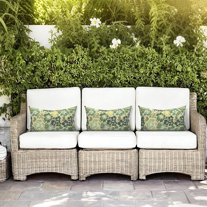 LVTXIII Outdoor/Indoor Lumbar Pillows, Decorative Patio Lumbar Cushions, Fluffy Water Repellent Garden Cushions for Home Patio Coach Sofa Use, 12×20 Inch, Pack of 2, Green Rose