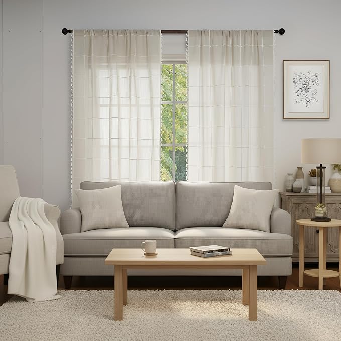 ColorBird Beige Plaid Curtains, White Embroidered Gingham 63 Inch Boho Farmhouse Curtains & Drapes for Living Room, Linen Texture Light Filtering Window Treatment for Dining Bedroom