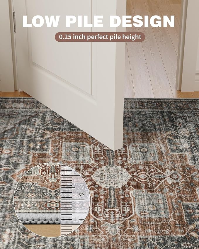 Roxstand 9ft Round Washable Area Rug, Non Slip Rug, Grey/Brown/Tan | Large Round Rug, Vintage, Non-slip Backing, Low-Pile Carpet, Stain Resistant, Rugs for Living Room Bedroom Dining Room