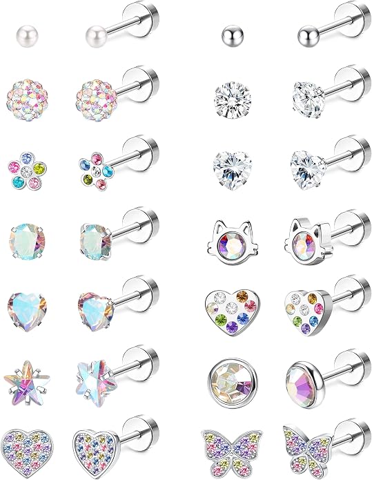 LOYALLOOK 14Pairs Hypoallergenic Screwback Earrings for Women Girls Tiny CZ Pearl Ball Heart Flower Screw Back Earring Studs 316L Stainless Steel Stud Earrings Flatback 20G Over 3 Years Old