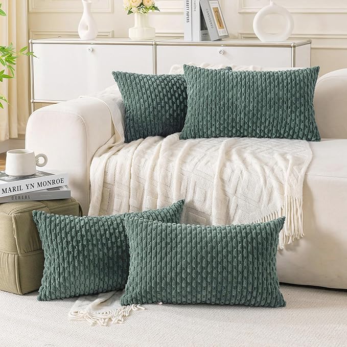 Set of 4 Teal Green Decorative Throw Pillow Covers 16x16 Inch Corduroy Pillow Covers for Bed Couch Sofa Living Room Soft Square Cushion Cases