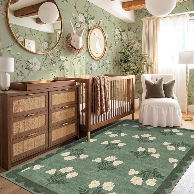 4x6 Boho Bedroom Rug - Sage Green Soft Washable Entry Rug Non Slip Stain Resistant Vintage Floral Scalloped Area Rugs for Living Room Bedroom Entryway Dining Room Kitchen Nursery Home Decor