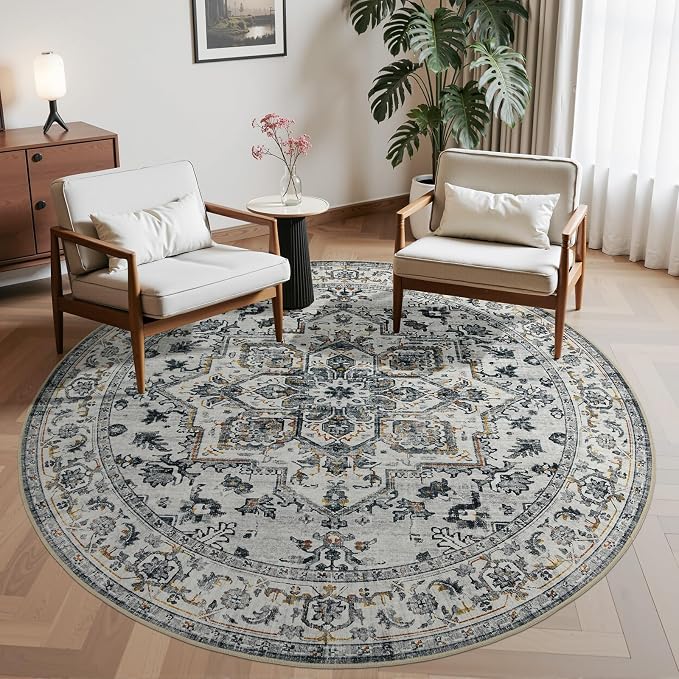Joydeco Washable Area Rug, 6ft Round Rugs for Living Room,Non Slip Machine Washable Vintage Rug, Low Pile Thin Chenille Print Rugs for Bedroom, Dining Room, White&Light Gray&Dark Gray