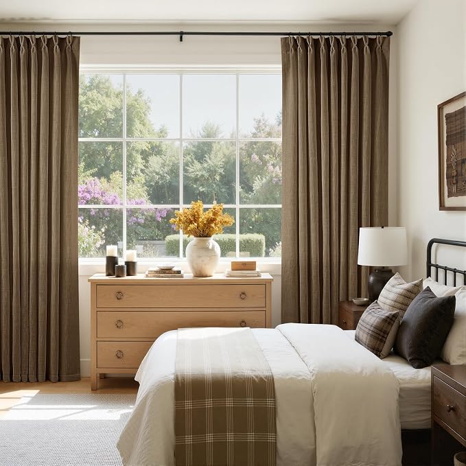 Dutch Cocoa Pinch Pleat Linen Curtains 96 Inches Long 60 Inch Wide 1 Panel | Light Filtering Semi Sheer Privacy, Room Divider, Pinch Pleat Curtains for Sliding Door Dining Bedroom Large Window, W60xL96