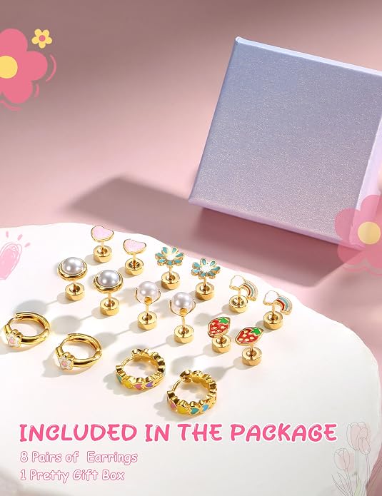 Florideco Hypoallergenic Earrings for Women 316 Surgical Steel Earrings for Sensitive Ears Cute Small Daisy Hoop Earring Heart Flower Strawberry Rainbow Flat Back Earring Sets