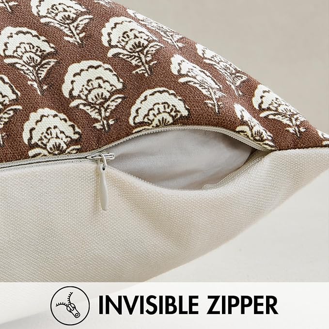 MIULEE Set of 2 Decorative Floral Throw Pillow Covers Neutral Vintage Fall Block Print Boho Farmhouse Cushion Covers for Modern Spring Home Decor Couch Sofa Bed Living Room, 18x18 Inch, Dark Brown