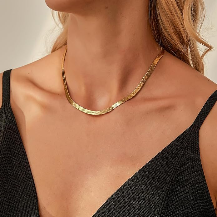 Jewlpire 3mm 4mm 5mm Herringbone Necklace 18K Gold Plated 925 Sterling Silver Chain Necklace for Women, Flat Snake Chain Necklace, Women's Chains Necklaces 16 18 20 22 24 Inch