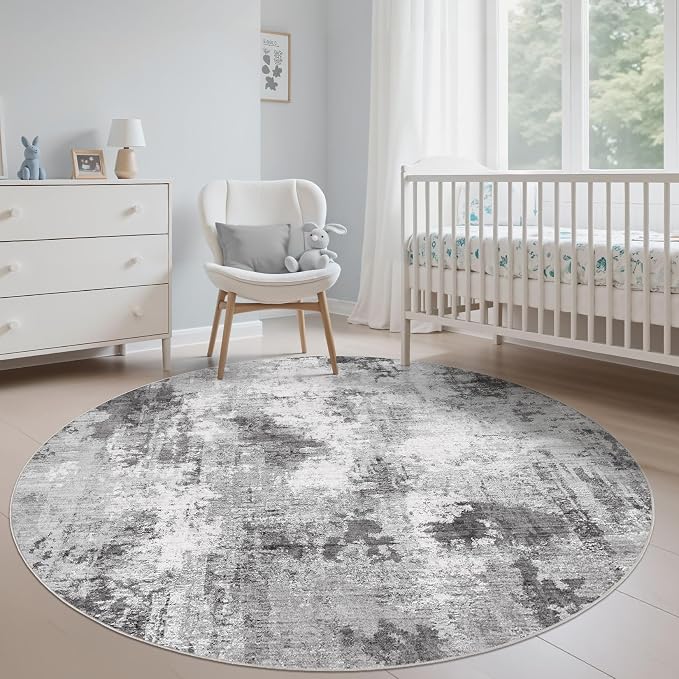 Abstract 8FT Round Rug: Machine Washable Non Slip Ultra Thin Low-Pile Carpet, Soft Stain Resistant for Living Dining Room Bedroom, Kid Pet Friendly, Robot Vacuum Compatible - Grey
