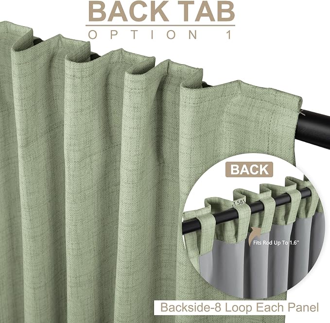 100% Blackout Shield Linen Blackout Curtains for Bedroom 96 Inches Long, Back Tab/Rod Pocket Living Room Drapes, Thermal Insulated Blackout Curtains 2 Panels Set, 50" W x 96" L, Sage