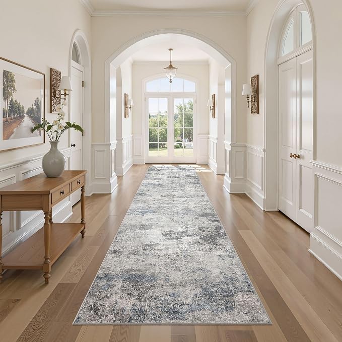 DMOYEST 3x12 Washable Runner Rug, Non Slip Low Pile Carpet Runner for Hallway and Entryway, Kid & Pet Friendly Abstract Modern Area Rug for Kitchen and Dining Room - Grey Blue