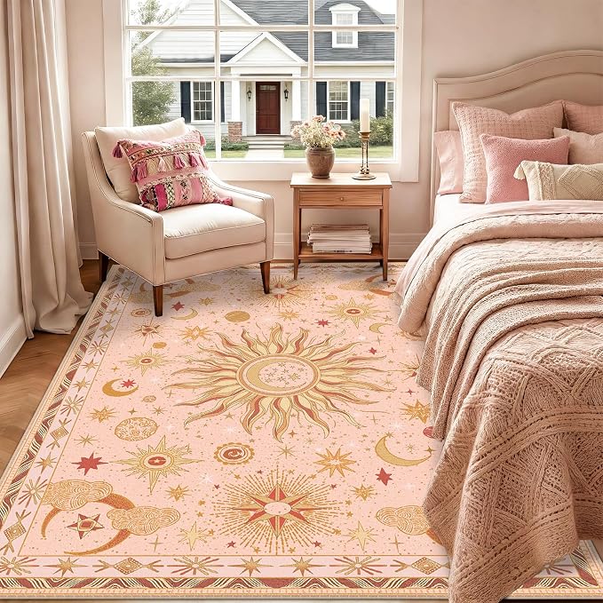 Vacuum-Friendly, 6x9 Washable Area Rug, Pink Gold Beige Red | Sun and Moon Boho Gothic Non-Slip Low Pile Living Roon Bedroom Dining Room Kitchen Entry Entryway Entrance Hallway Doormat