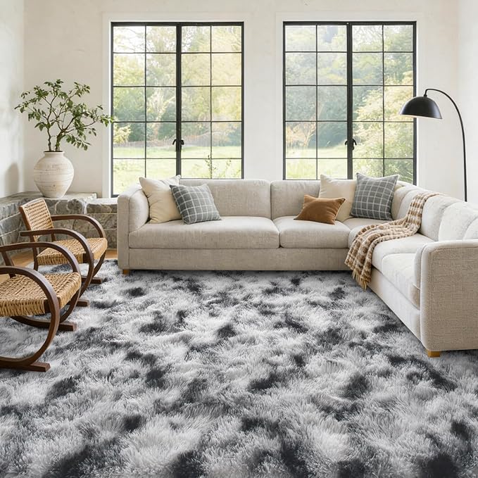 Large Shaggy 6x9 Area Rugs for Living Room Decor, Non-Slip Tie-Dyed Rugs for Bedroom Kids Playroom Dorm Room, High Pile Ultra Soft Carpet, Black White
