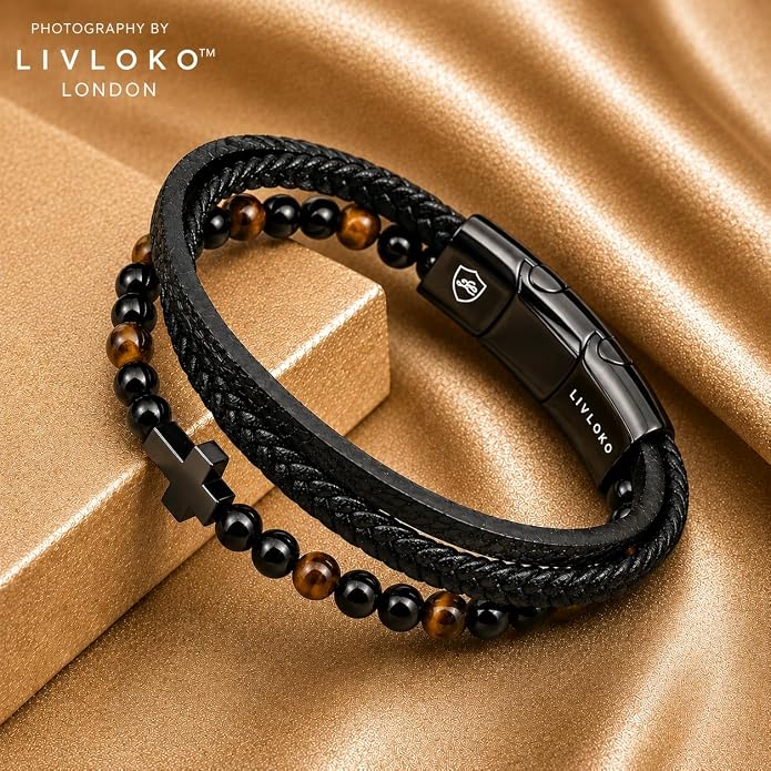 LONDON Mens Bracelet Leather Black Multi-Layer Stone Beads Adjustable Steel Clasp Viking Rope Bands Surfer Man Wristband Male UK Jewellery Gift box Boyfriend Dad Son Brother Tiger Eye